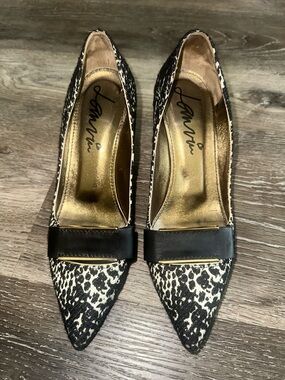 Lanvin Black and White Leopard-Print Pointed Toe Flats with Black bow size 38.5